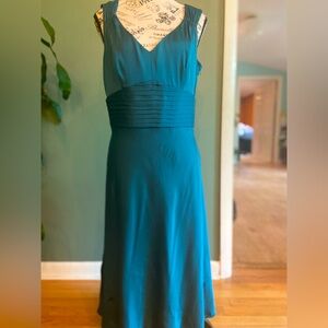 Tea- length dark teal silk dress
